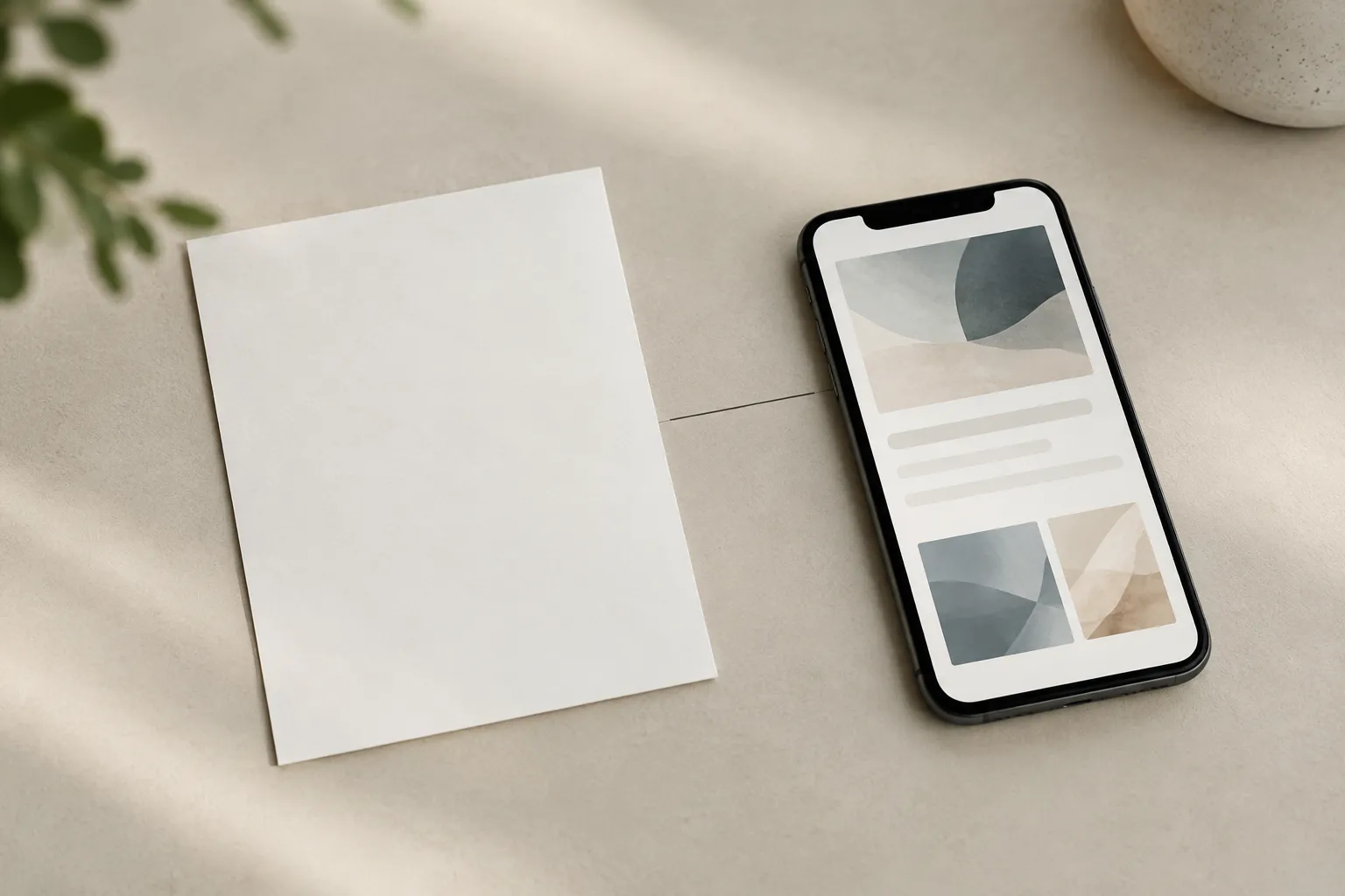 Een blanco kaart ligt naast een smartphone met abstracte vlakken en formulierbalken, verbonden door een dunne lijn
