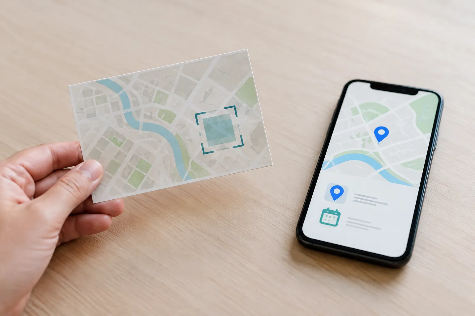 Een hand houdt een papieren plattegrond met scanvlak naast een smartphone met locatie- en kalenderpictogrammen