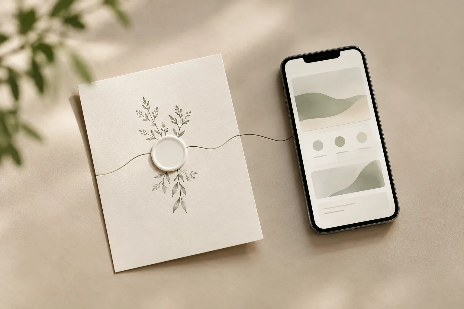 Een trouwkaart met takjes en een blanco zegel ligt naast een smartphone met abstracte vlakken, verbonden door een dunne lijn