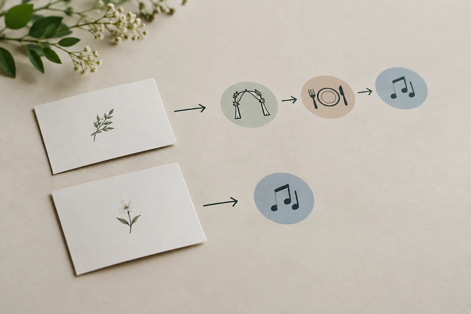 Twee kaarten met bloemmotieven leiden via pijlen naar pictogrammen voor een ceremonie, diner en muziek, of alleen muziek