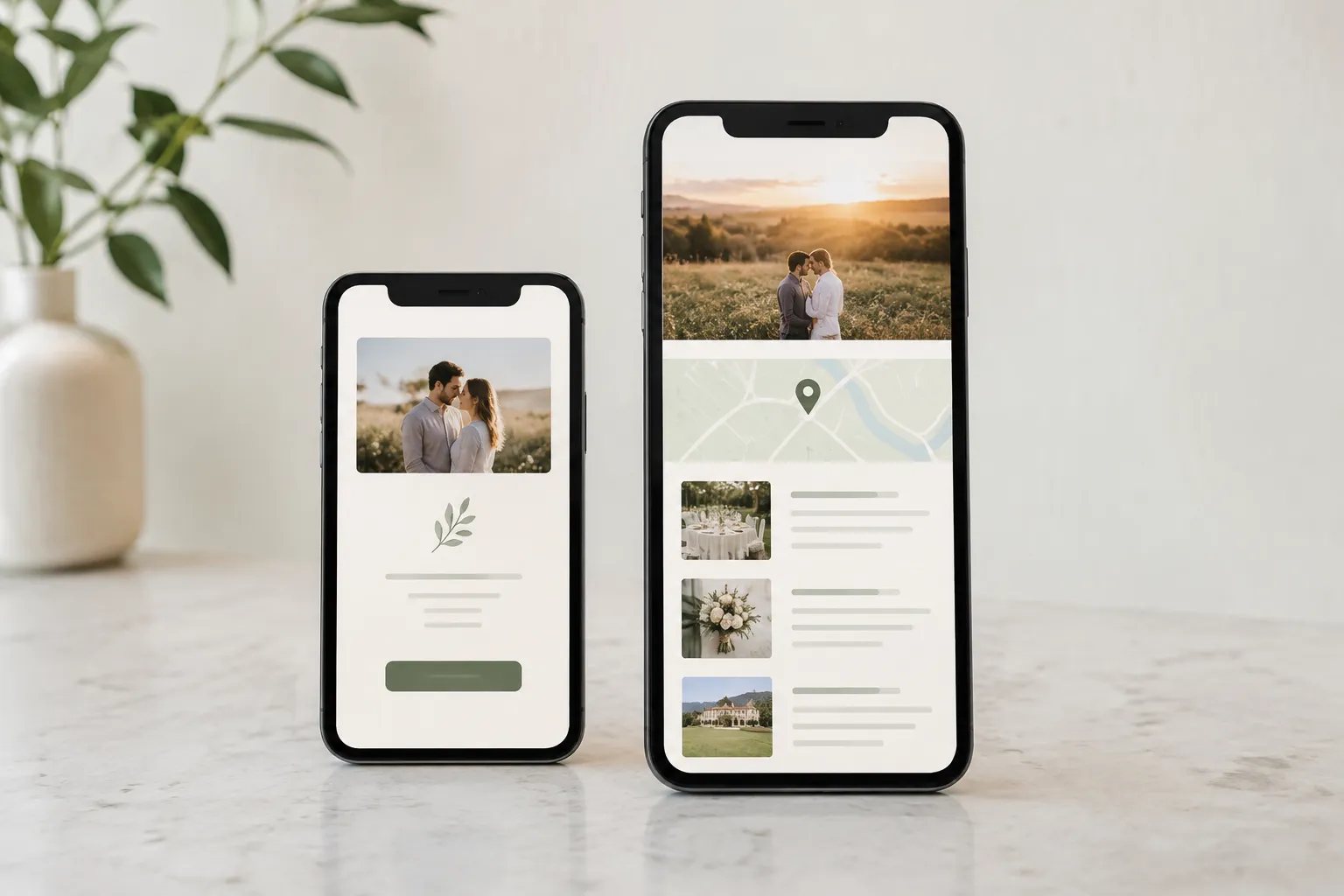 Twee smartphones tonen een korte uitnodiging en een uitgebreidere trouwpagina met foto's, een kaart en informatieblokken