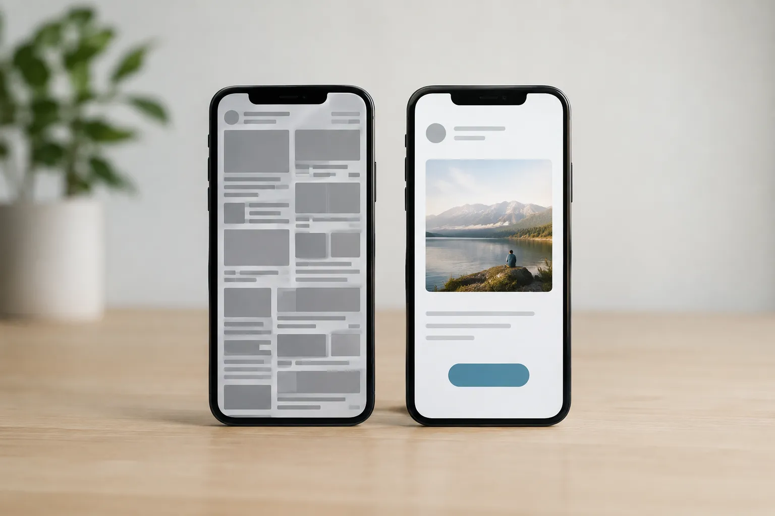 Twee smartphones tonen links een drukke indeling en rechts veel witruimte, een landschapsfoto en een blauwe knop